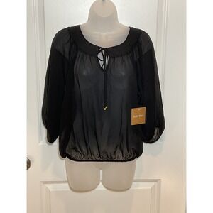 NWT ELLEN TRACY Black Sheer Blouse Smocked Neckline Tie Neck 3/4 Sleeve Medium M